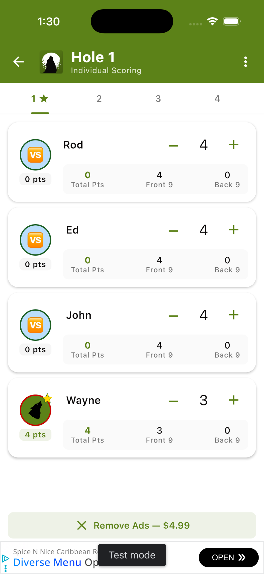 Wolf Golf Scorecard app — Hole 1 individual scoring with Wayne as Lone Wolf winner