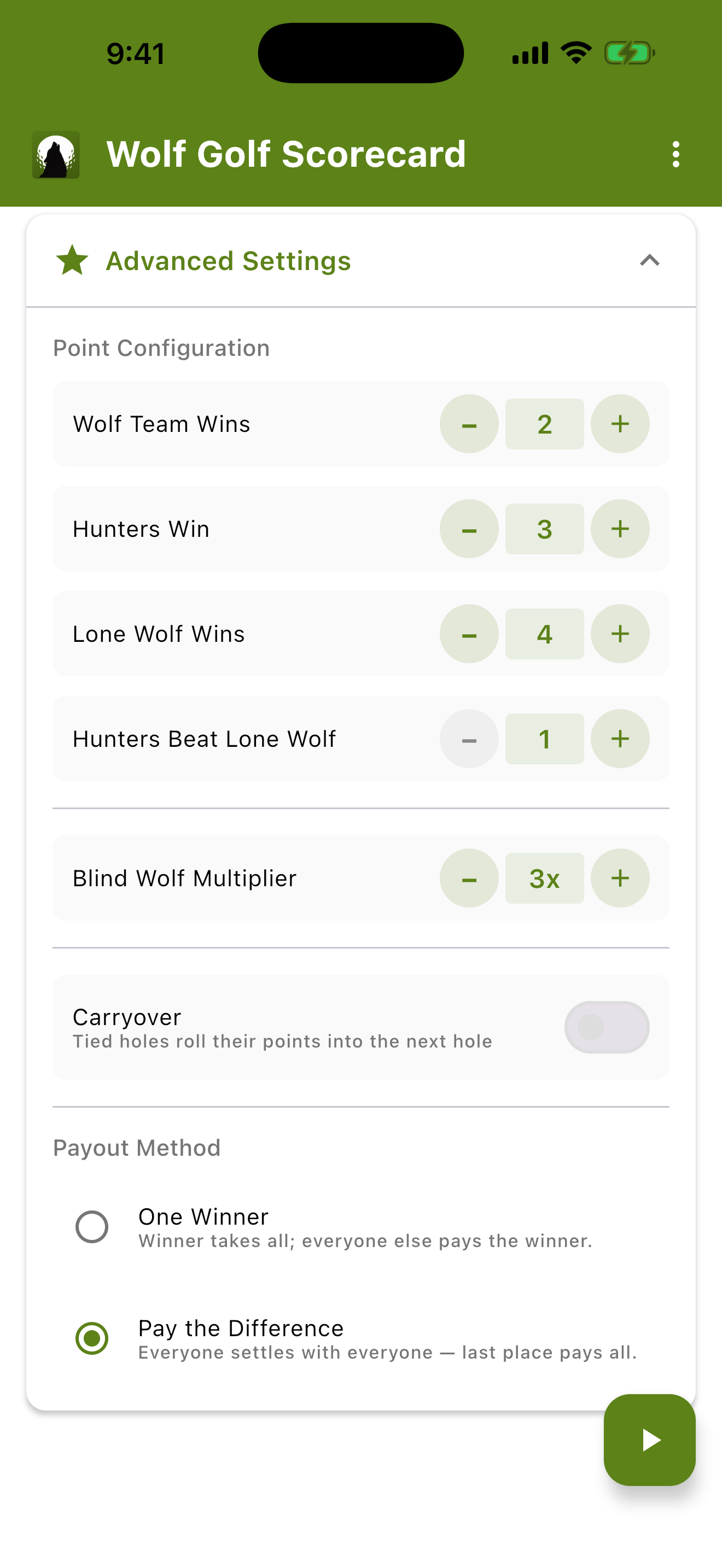 Advanced settings — point configuration, Blind Wolf multiplier, carryover, and payout method.