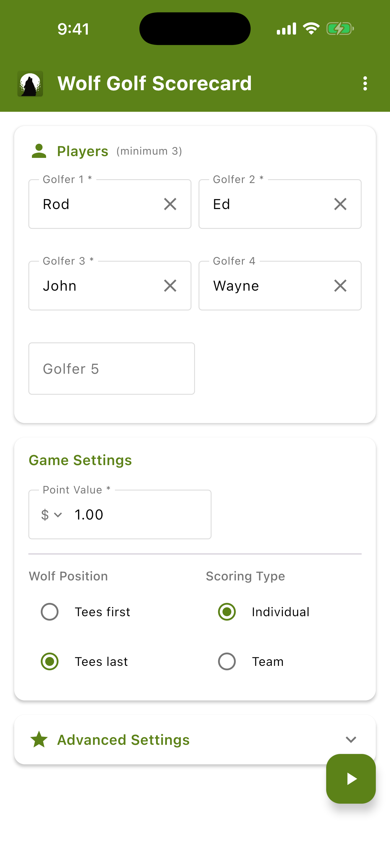 Wolf Golf Scorecard setup screen — players Rod, Ed, John and Wayne with a $1 point value and currency picker, wolf teeing last, and individual scoring.