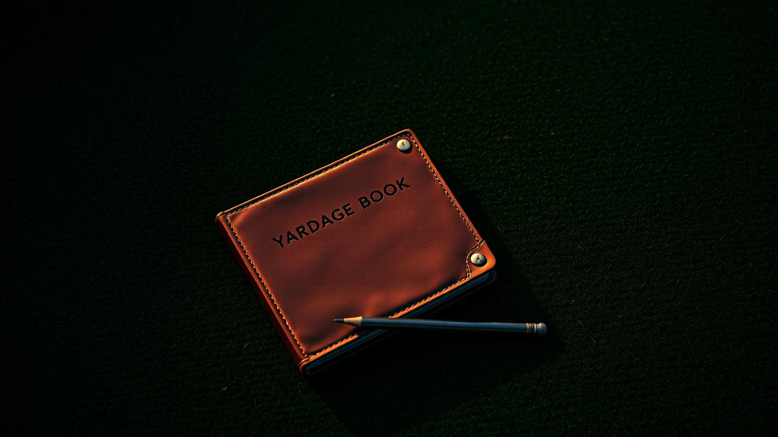 A worn leather yardage book resting on a dark green putting green
